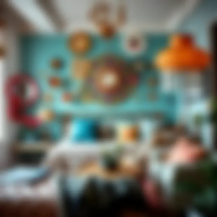 Colorful wall decor and eclectic furniture in a small bedroom