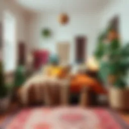 Cozy bohemian bedroom with vibrant textiles and plants