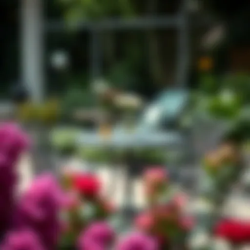 Elegant small round outdoor table set on a patio surrounded by greenery