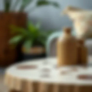 Close-up of a small round table featuring unique design elements and textures