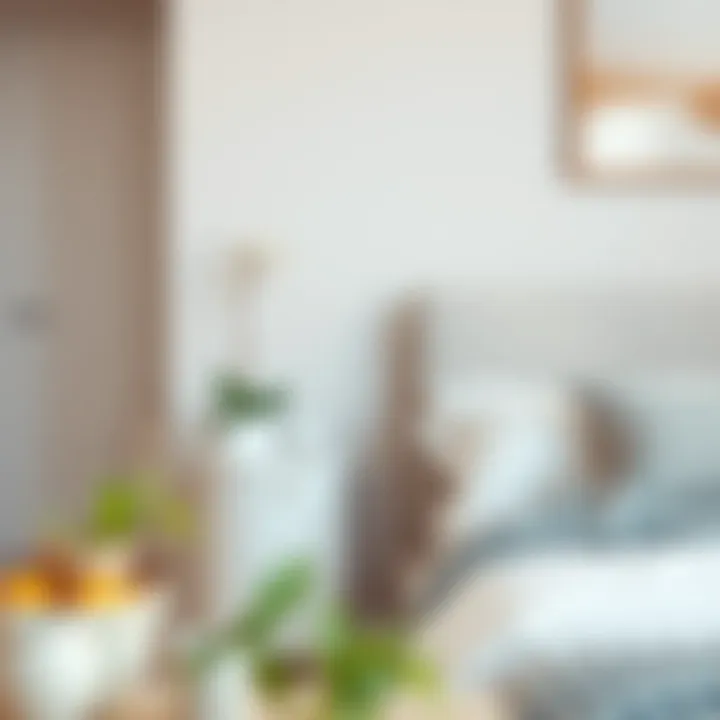 Small white round nightstand in a modern bedroom setting