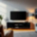 Contemporary smoked glass TV stand in a modern living room setting