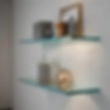 Close-up of a stylish tempered glass shelf displaying decorative items