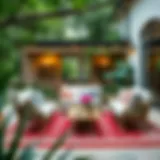 Elegant red and white patio rug enhancing outdoor seating area