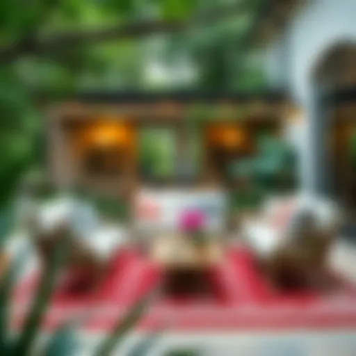 Elegant red and white patio rug enhancing outdoor seating area