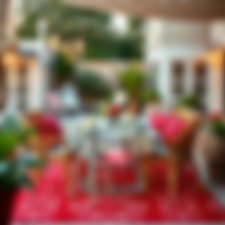 Vibrant Outdoor Dining Setup with Rug Vibrant outdoor dining setup featuring red and white rug