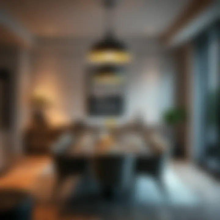 An elegant dining area illuminated by a large industrial floor lamp