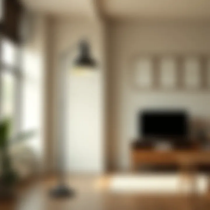 A large industrial floor lamp as a statement piece in a minimalist apartment