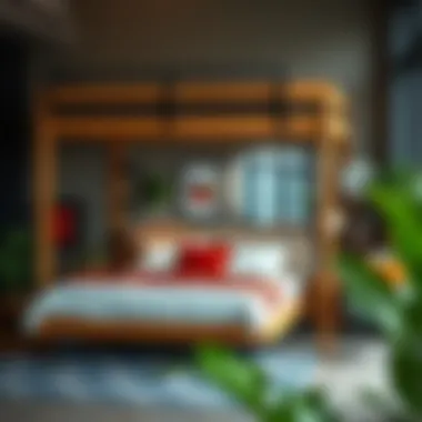 Low loft double bed in a stylish urban setting, emphasizing space-saving solutions