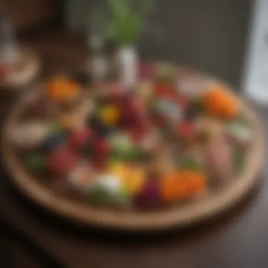 Stylish round wood lazy Susan showcasing floral arrangement and appetizers