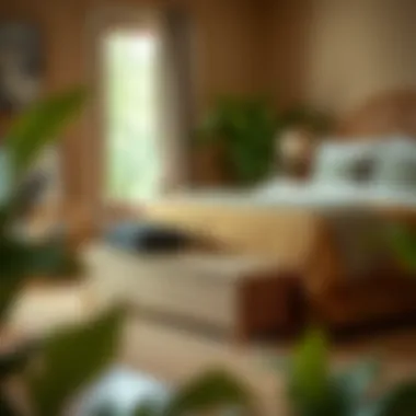Cozy bedroom featuring a rattan bench at the foot of the bed