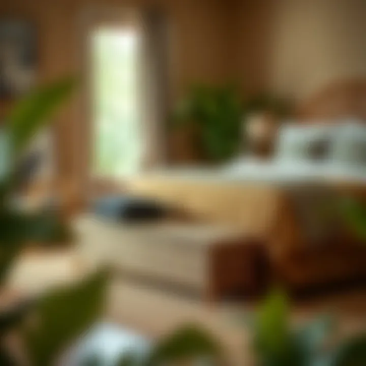 Cozy bedroom featuring a rattan bench at the foot of the bed