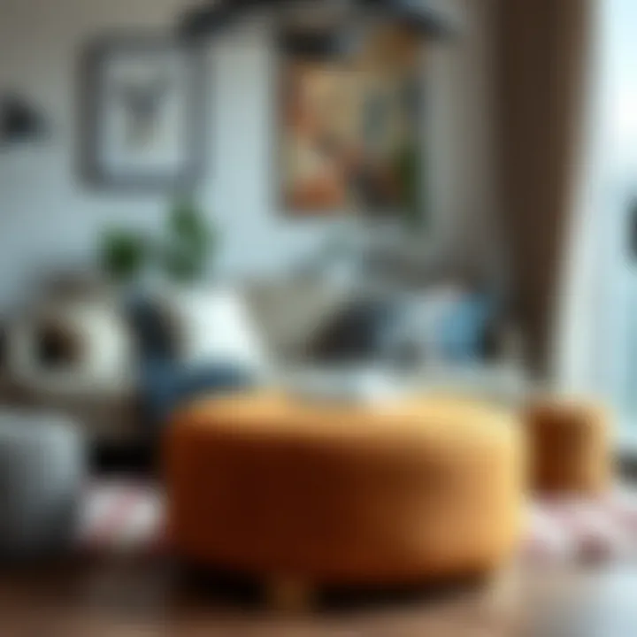 Rust ottoman stool used as a multifunctional piece in an urban apartment