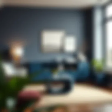 Interior design layout featuring navy blue cube organizer