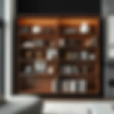 Material Diversity in Urban Bookshelf Design An elegant 21-inch wide bookshelf showcasing various materials and textures in a contemporary interior