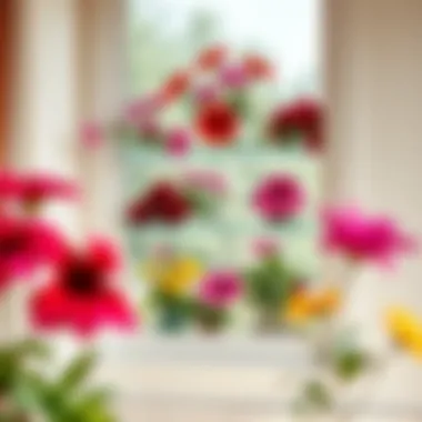 Bright room showcasing a large glass window shelf filled with vibrant flowers