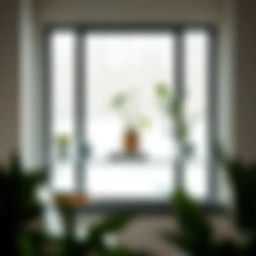 Stylish glass window shelf displaying decorative plants and books