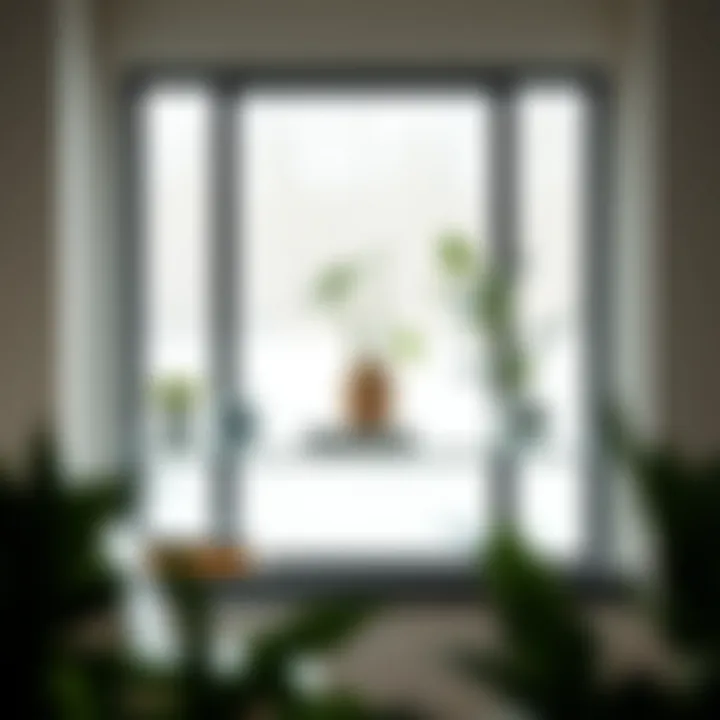 Stylish glass window shelf displaying decorative plants and books