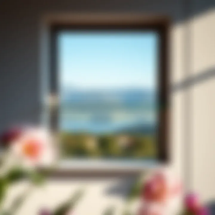 Minimalist glass window shelf in a contemporary setting with scenic view