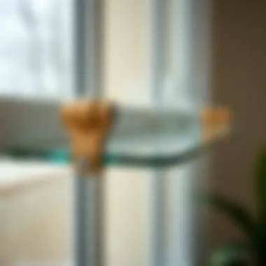 Close-up of a glass window shelf with unique mounting hardware