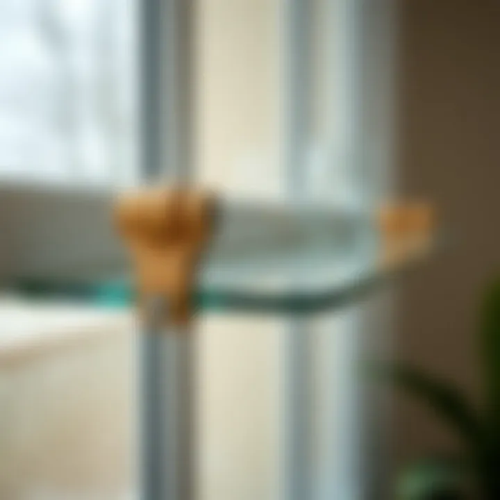 Close-up of a glass window shelf with unique mounting hardware