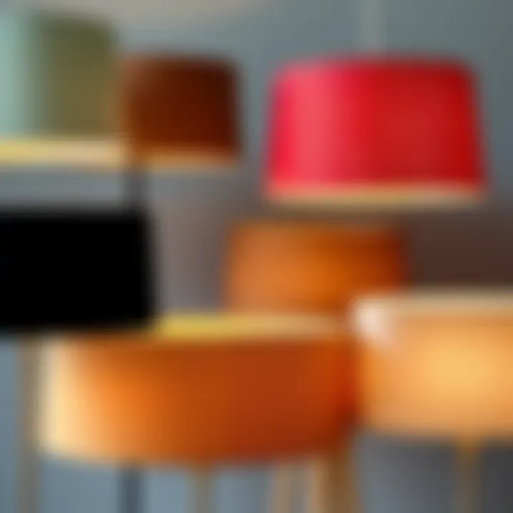 A variety of thin drum lamp shades showcasing different materials and colors