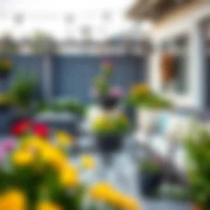 Outdoor patio featuring the three-tier plant stand with colorful flowers