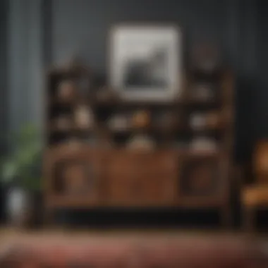 Close-up of vintage wall unit with decorative items