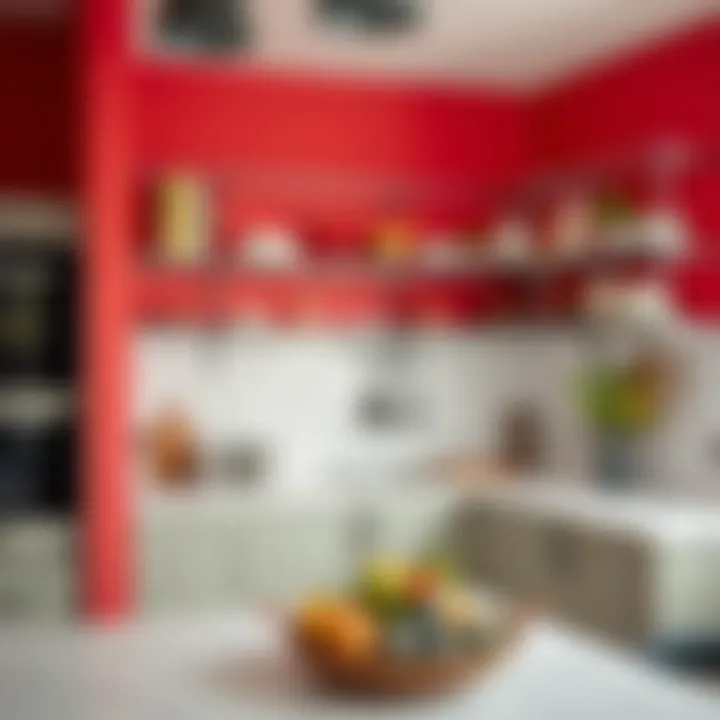 Aesthetic appeal of metal shelves in a vibrant kitchen