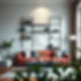 Elegant wall mounted metal bookshelf in a modern living room setting