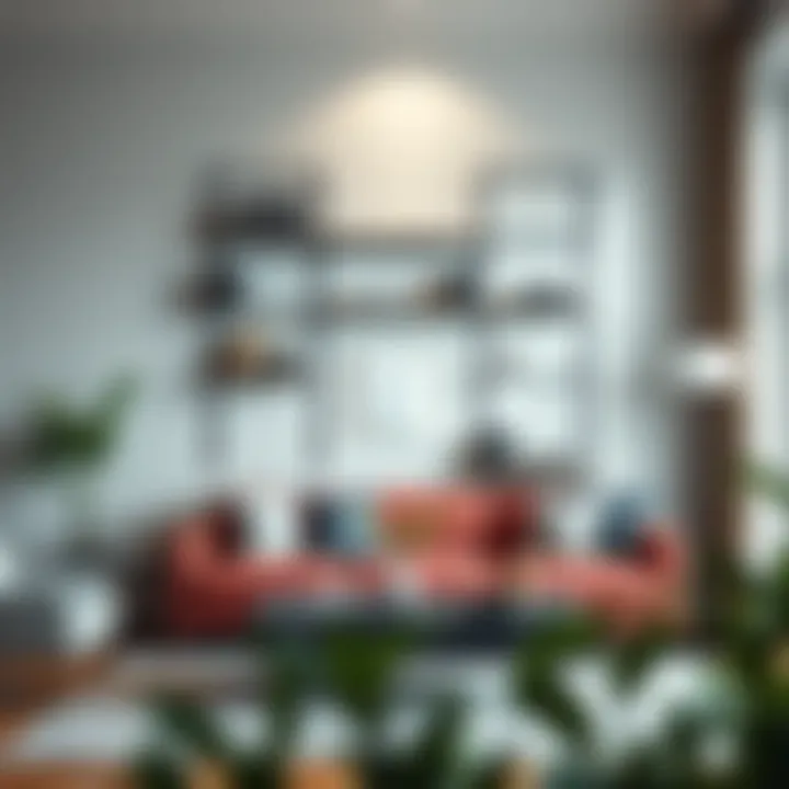 Stylish Living Room with Metal Bookshelf Elegant wall mounted metal bookshelf in a modern living room setting