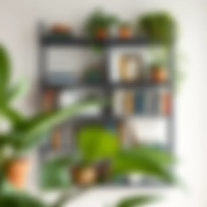 Organized Metal Bookshelf with Greenery A beautifully organized wall mounted metal bookshelf filled with books and plants