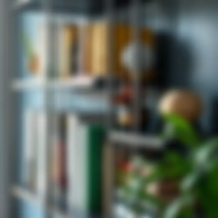 Artistic Metal Bookshelf Close-up Close-up of a unique metal bookshelf design showcasing books and decor