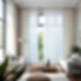 Elegant white blackout curtains with rings hanging in a modern living room