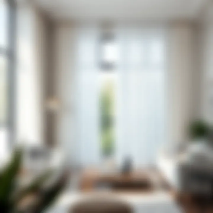 Elegant white blackout curtains with rings hanging in a modern living room