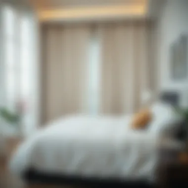 Stylish bedroom featuring white blackout curtains that block sunlight