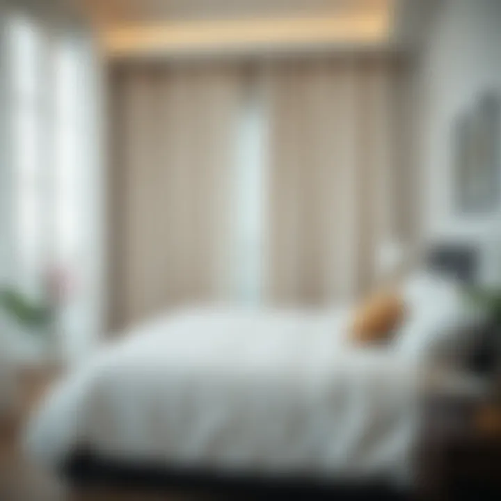 Stylish bedroom featuring white blackout curtains that block sunlight