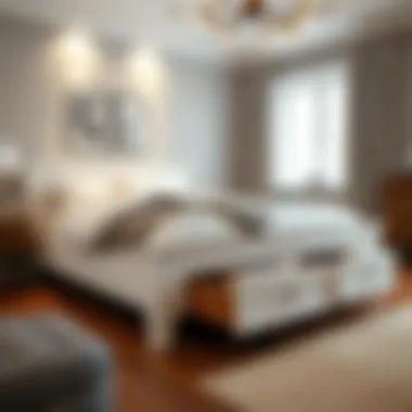 Stylish design showcasing the storage drawers of a white queen bed frame