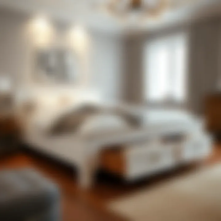 Stylish design showcasing the storage drawers of a white queen bed frame