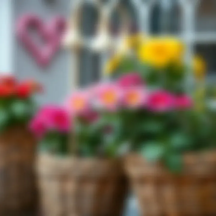 Beautifully arranged wicker flower planters showcasing vibrant blooms