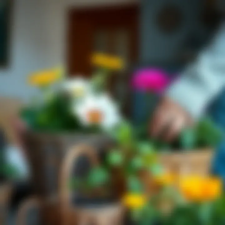 Hands caring for wicker flower planters with blooming plants