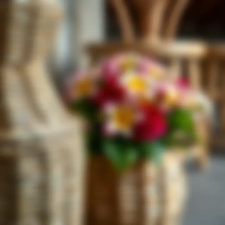 Close-up of natural wicker texture with flowers