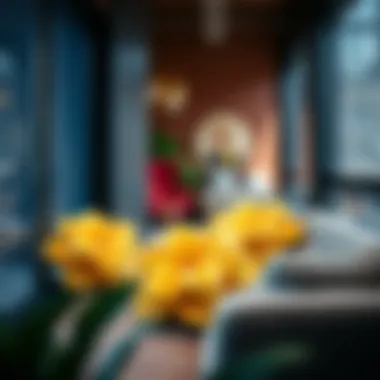 Flower-shaped cushions enhancing a vibrant urban interior