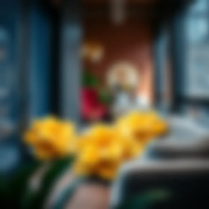 Flower-shaped cushions enhancing a vibrant urban interior