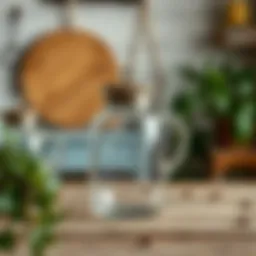 Elegant glass pitcher with lid on a rustic table