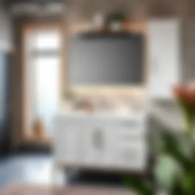 Chic Urban Vanity and Wall Cabinets Stylish vanity cabinet with modern wall cabinets in an urban setting