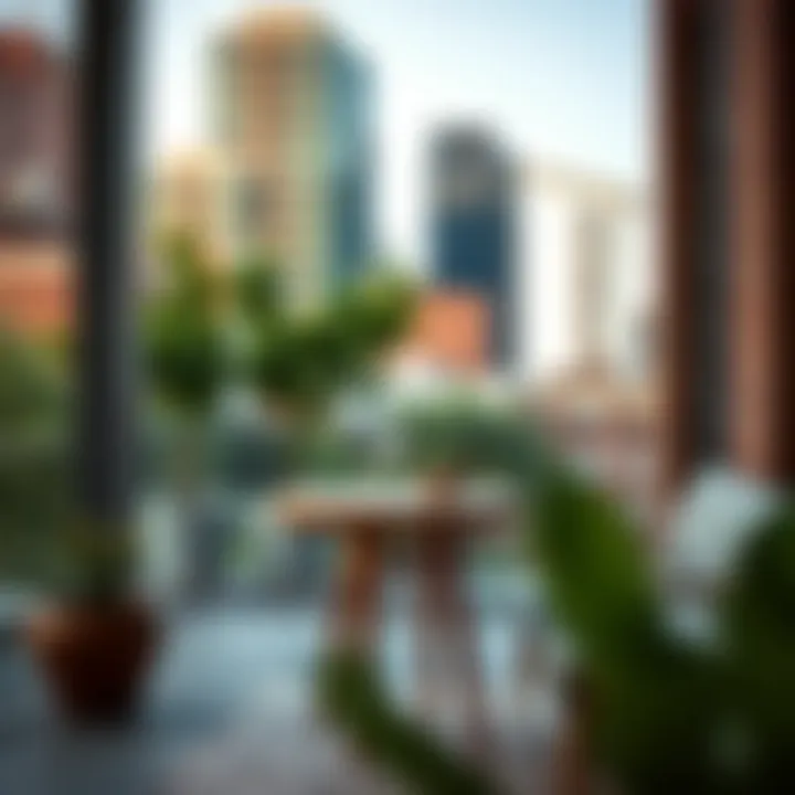 Modern small porch table with urban backdrop