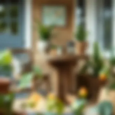 Rustic small porch table decorated with plants