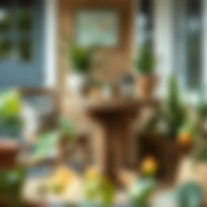 Rustic small porch table decorated with plants