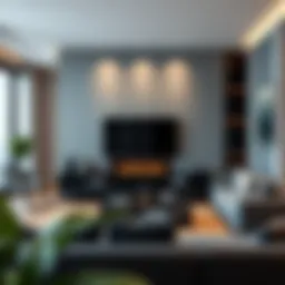 Contemporary urban living room featuring a stylish TV stand with an integrated fireplace